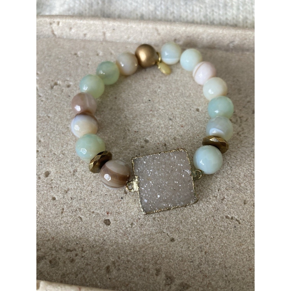 BPD Pastel Agate Beaded Stretch Bracelet Druzy Quartz Connector Gold Tone